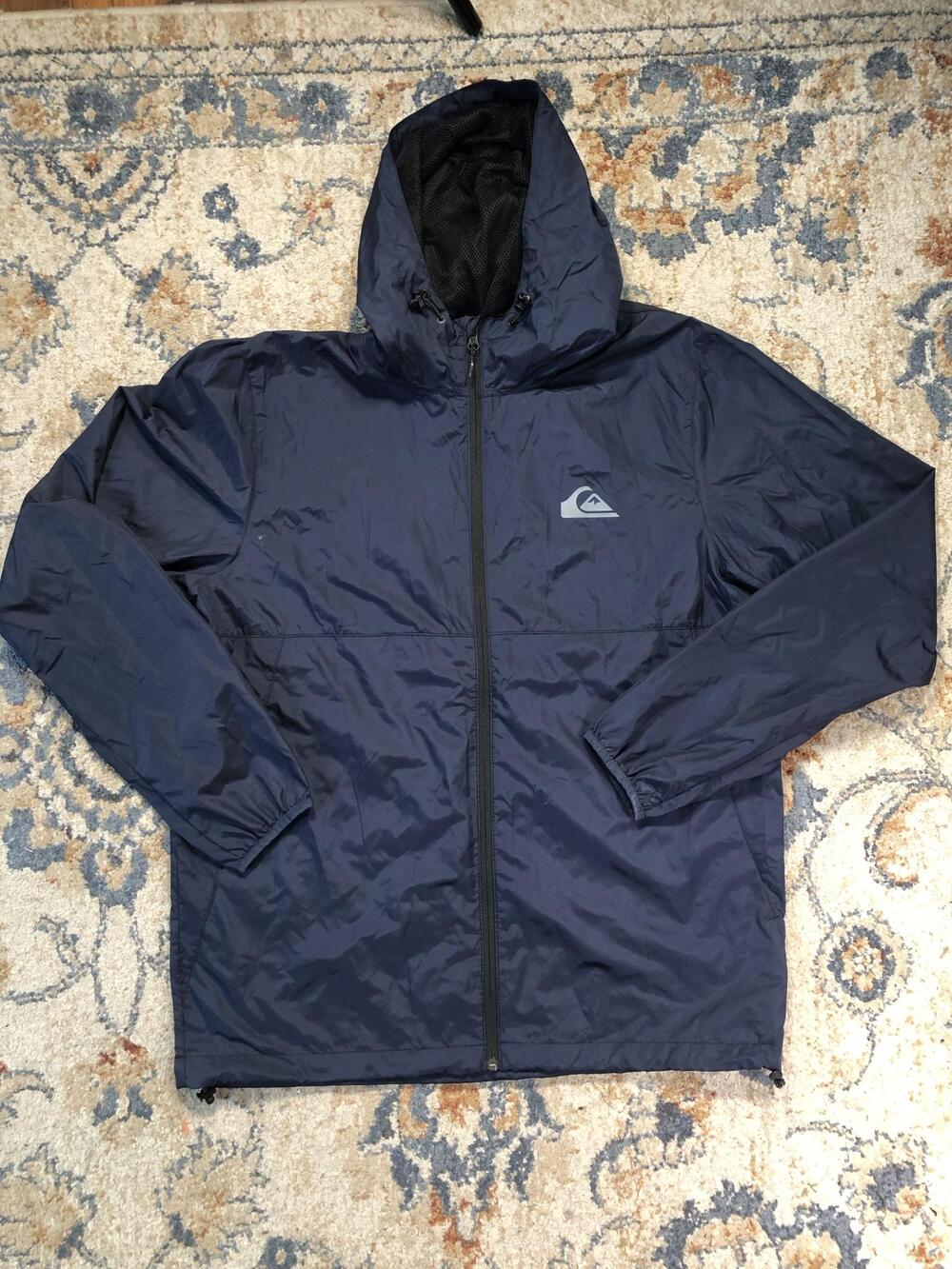 Quiksilver Jacket Mens XL Blue Hooded Full Zip Windbreaker Mesh Lined Surf